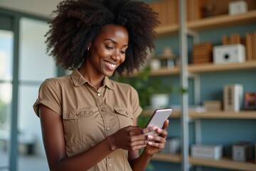 Stylish African American woman utilizes AI technology for convenient and secure mobile paycheck deposits.