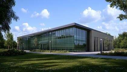 Fototapeta premium Modern glass-fronted building nestled within landscaped grounds.