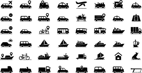 Transportation, vehicle icon set. Vector glyph pictograms of travel, logistics, public transit concepts, car, train, bus, bicycle, boat, and airplane black silhouette illustration.