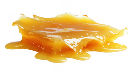 Thick layer of golden caramel is melting and dripping down, creating a visually appealing texture against a transparent background, perfect for food and beverage projects