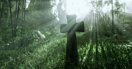 A cross stands tall in a vibrant green meadow, surrounded by tall grass and trees. Soft sunlight filters through the foliage, creating a peaceful, tranquil atmosphere. - Powered by Adobe