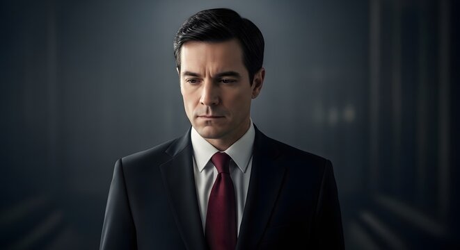 A portrait of a man in a suit exudes an aura of determination and confidence, perfectly blending professional attire with a striking gaze.