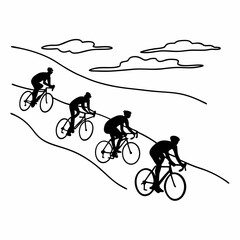 Silhouette cycling race illustration of cyclists riding bikes uphill with clouds in the sky art 93