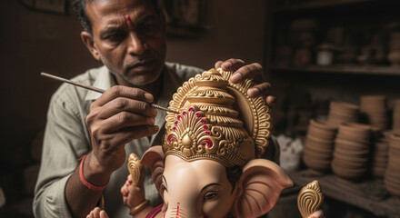 Craftsman paints a handmade clay statue of Ganesha in a small Indian workshop