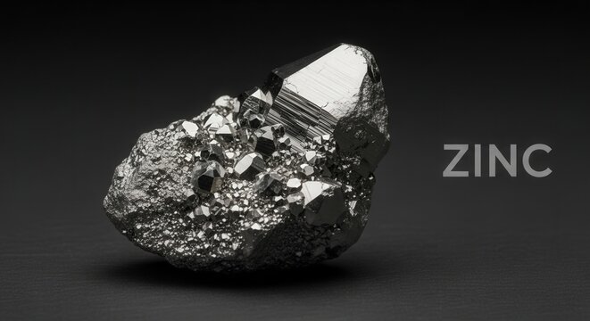 Close-up of shiny zinc crystal mineral on black background