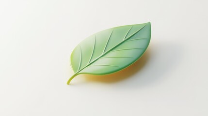 Single, stylized, green leaf with subtle yellow undertones rests on a bright white background; digitally rendered