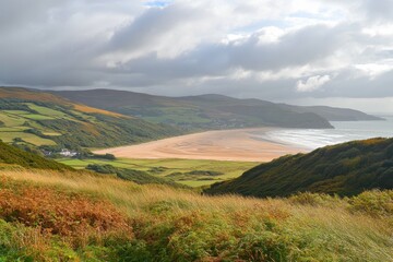 Devon Coast Landscape: Woolacombe Beach Sand Dunes on a Cloudy Autumn Day