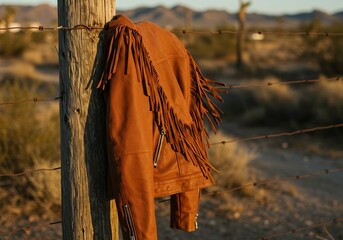 Brown leather fringe jacket hanging on a fence in a desert landscape