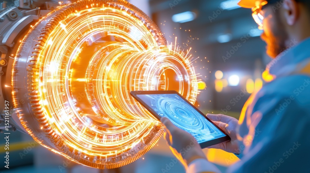 Poster engineer analyzes a high tech jet engine with a tablet