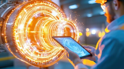 Engineer analyzes a high tech jet engine with a tablet