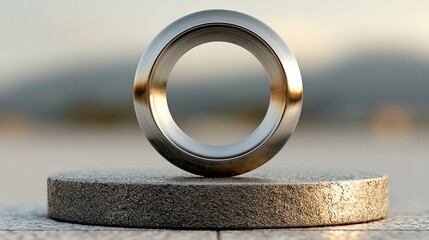 Metallic 3D Ring Hovering Above Textured Platform