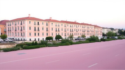 Architectural view of a pink building with a matching pink road in Ljubljana, Slovenia