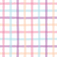 Colorful hand-drawn paint stroke plaid pattern in pastel pink, blue, purple, and orange hues on a white background, cheerful and soft aesthetic vector illustration for fabric, stationary, tablecloth, 