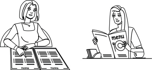 restaurant woman reading menu vector