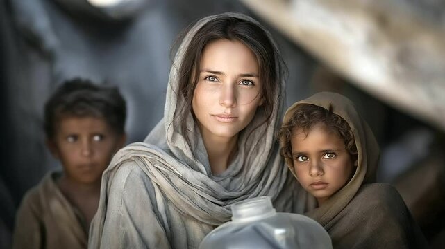 Family in Crowded Refugee Camp with Shared Water Jug and Tent