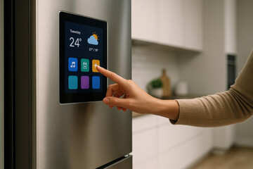 Smart refrigerator touchscreen display with weather and app icons in modern kitchen