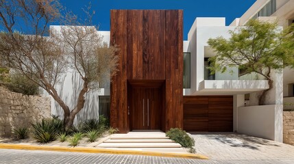 An elegant modern villa with a full facade view captured in natural daylight. 