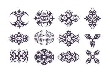 Collection of tribal tattoo designs. abstract symmetrical black vector art perfect for tattoo templates, logos, or decorative elements. Vector Illustration