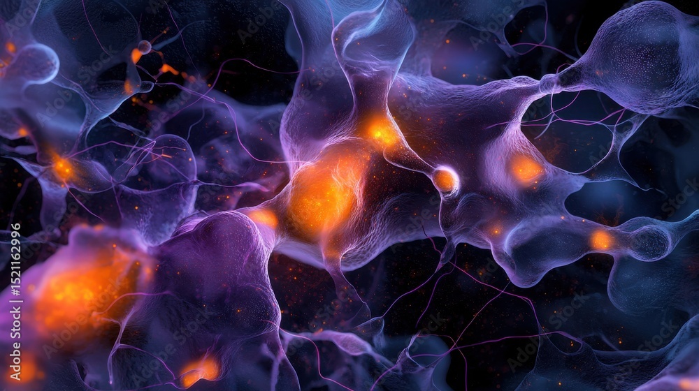 Poster colorful intricate microscopic view of a dynamic neural network showcasing the complex connections a