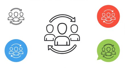 Teamwork linear icon with people and arrows, illustration on white