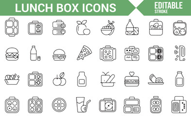 Collection of Lunch Box and Food Items Icons for Meal Planning and Snacks
