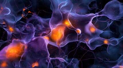 Colorful intricate microscopic view of a dynamic neural network showcasing the complex connections and signaling between neurons and synapses in the brain or nervous system