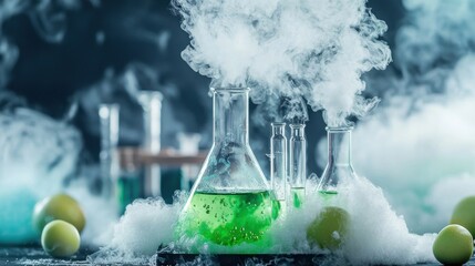 Laboratory glassware filled with a green liquid and emitting smoke or steam suggesting an ongoing chemical reaction or experiment in a science research setting