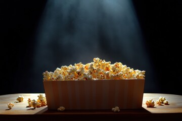 Dinner And A Movie. Popcorn and Clapper on Wooden Table in Cinema concept