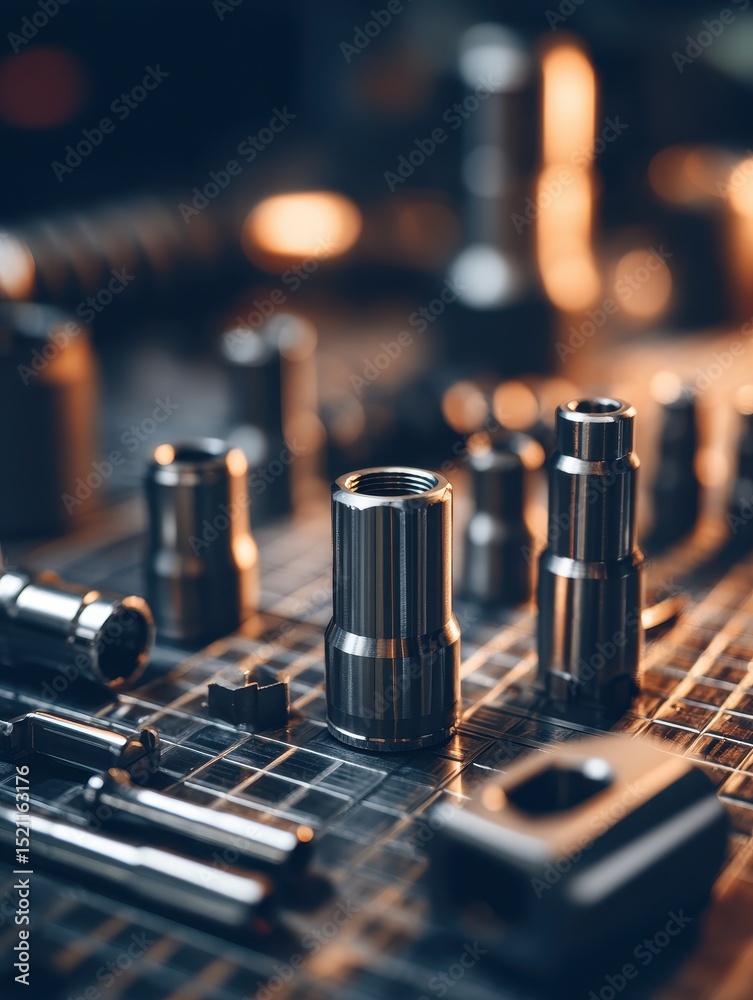 Poster close-up of various metallic tools and components arranged on a workbench with blurred background
