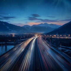 Under the night sky, the highway is bustling with a continuous flow of vehicles