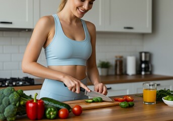Woman preparing healthy food in kitchen; slicing vegetables; diet for wellbeing