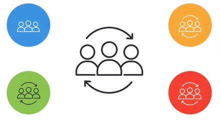 Group of people line icons with arrows on colorful circles