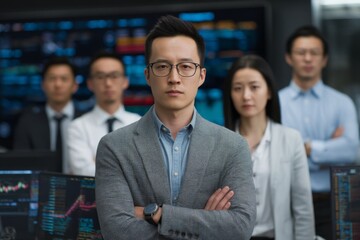 Confident young business professional in an office setting with diverse team members analyzing market data and financial trends