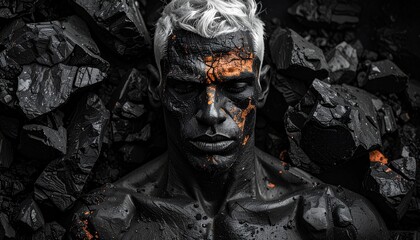 Faceless Platinum Blonde Male with Orange and Cyan Face Paint in Editorial 3D Lighting