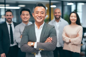 Obraz premium Confident Business Team Poses Together in Modern Office Setting Smiling and Displaying Team Spirit and Professionalism