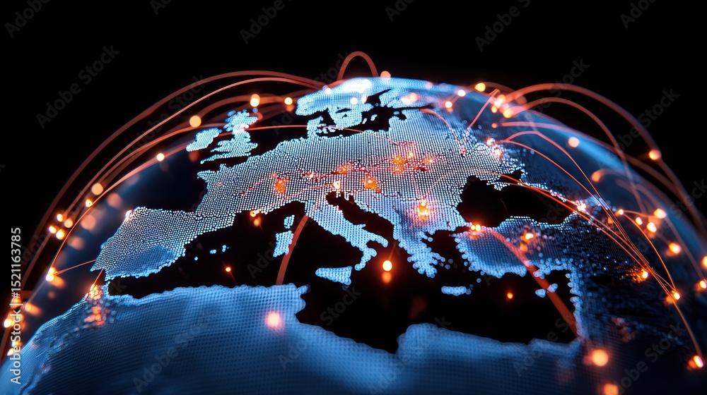 Poster globe showcasing europe with interconnected nodes and glowing orange lines