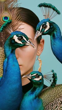 Woman's face partially obscured by three peacocks, wearing peacock-shaped earrings.