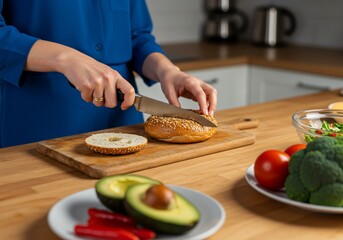 Woman slicing bagel in kitchen for healthy eating, blurred food in the background