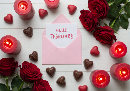 Hello February card on Valentine's day red roses, heart candies, candles on white background