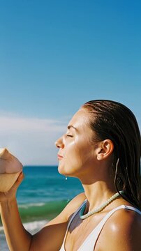 Woman drinking fresh coconut water on a sunny beach
