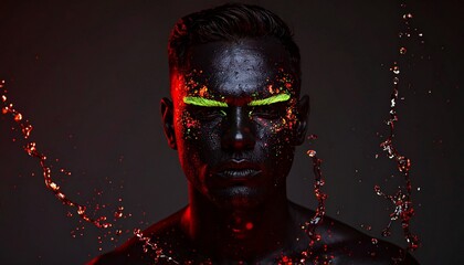 Fair-Skinned Masculine Silhouette with Neon Green Brows and Chromatic Makeup on Blue Background
