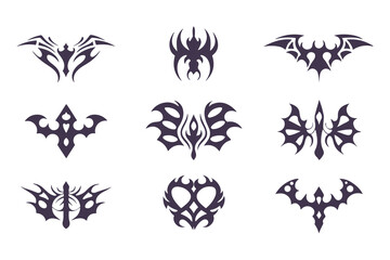 Set of symmetrical tribal tattoo designs. abstract black geometric shapes for tattoos, logos, or decorative vector art elements. Vector Illustration