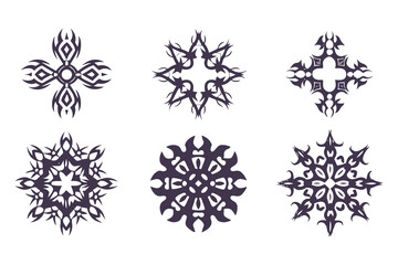 Set of symmetrical tribal tattoo designs. abstract black geometric shapes for tattoos, logos, or decorative vector art elements. Vector Illustration