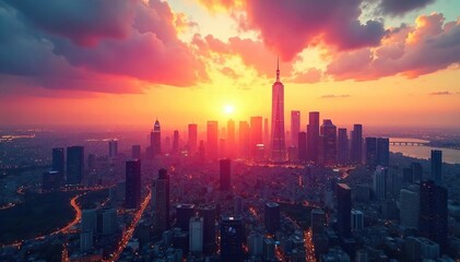 Fototapeta premium A bustling cityscape skyline at sunset, symbolizing the dynamic and ever-evolving nature of modern business Perfect for illustrating growth, ambition, and global reach , urban, cityscape