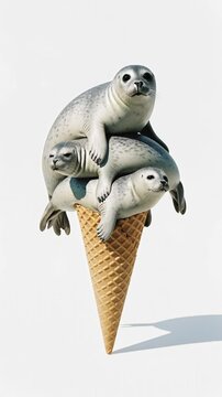 Three Harbor Seals Stacked on an Ice Cream Cone