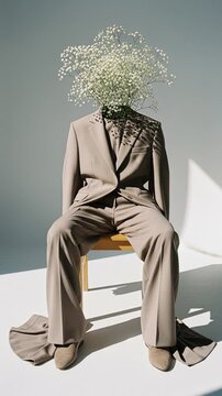 Beige Suit with Baby's Breath Replacing the Head, Seated on Wooden Chair