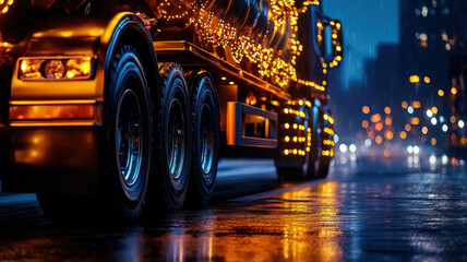 Nighttime rainy cityscape with illuminated truck reflecting on wet streets.