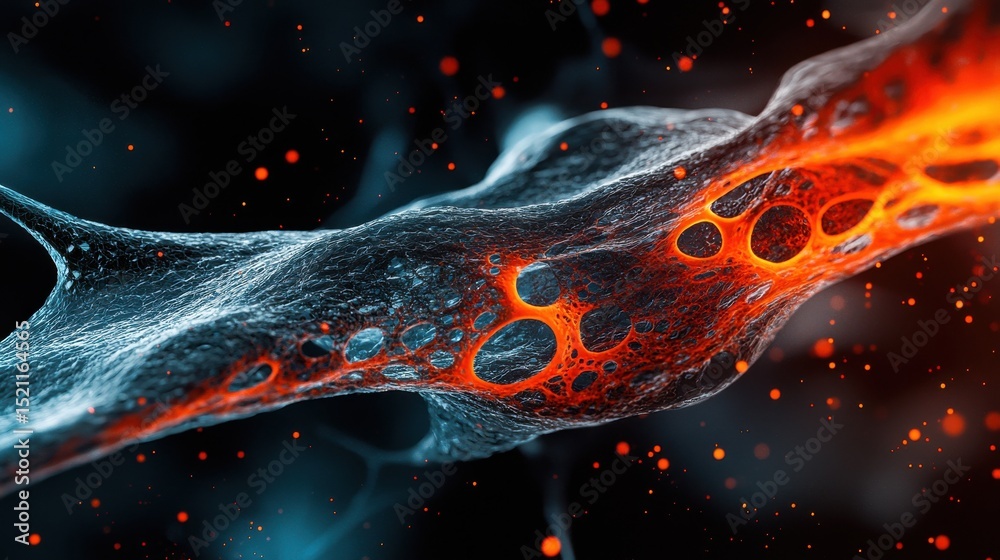 Poster a visually striking abstract depiction of the intricate cellular structures and energy flows within 