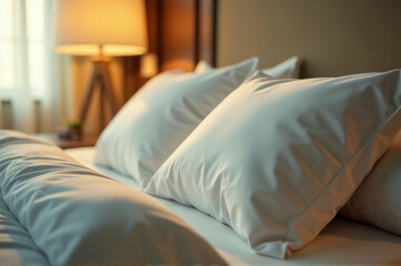 A close-up view of a bed with crisp white pillows