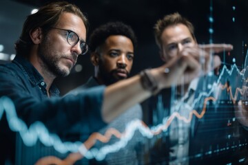 Diverse Team Analyzing Financial Data on Digital Screen in Modern Office Environment